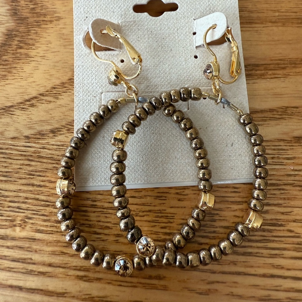 Seasonal Whispers Brown Gold Beaded Hoop Earrings. Pierced . Hoop 2" 3" whole